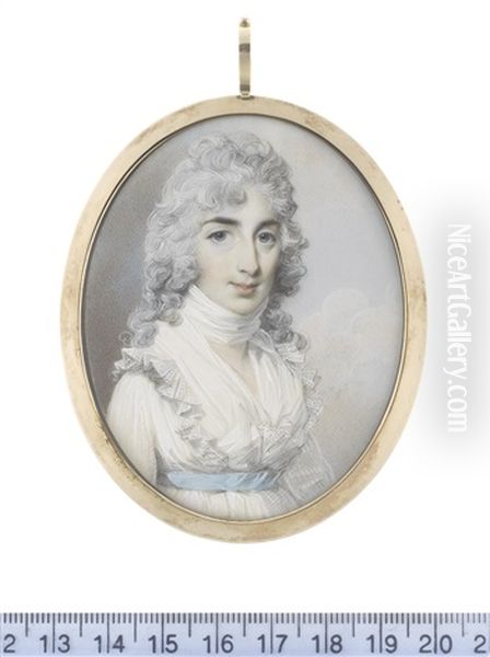 A Lady, Wearing White Dress With Frilled Trim, White Fichu And Neck Scarf, A Sky Blue Sash At Her Waist, Her Powdered Wig Worn A La Conseilleur by George Engleheart