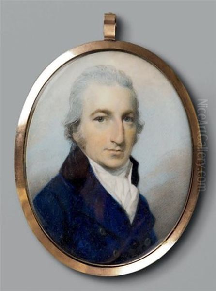 Portrait D'homme De Trois-quarts Droite, En Redingote Bleu Marine A Col Noir Et Cravate Blanche, Sur Fond De Ciel Nuage Oil Painting by George Engleheart