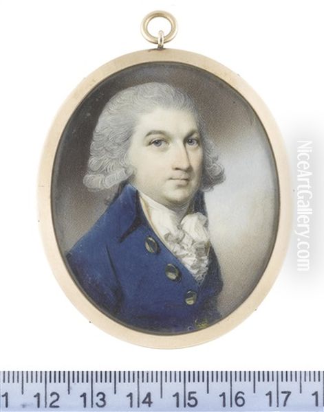 A Gentleman, Wearing Blue Coat With Gold Buttons, Buff Waistcoat And Frilled White Chemise, His Powdered Hair Worn En Queue Oil Painting by George Engleheart