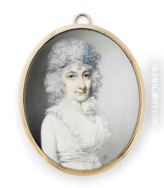 Lady Blunt, Nee Elizabeth Peers, In White Dress With Frilled White Fichu And Scarf Tied Around Her Neck, A Blue Ribbon In Her Powdered Curling Hair Oil Painting by George Engleheart