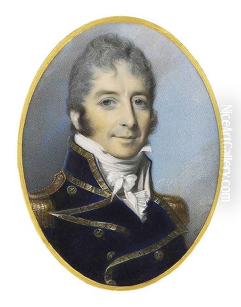 Captain Lord Edward O'bryen, In Naval Uniform, Gold-bordered Blue Coat, Gold Epaulettes, Brass Buttons, Tied White Stock, Powdered Hair And Sideburns Oil Painting by George Engleheart