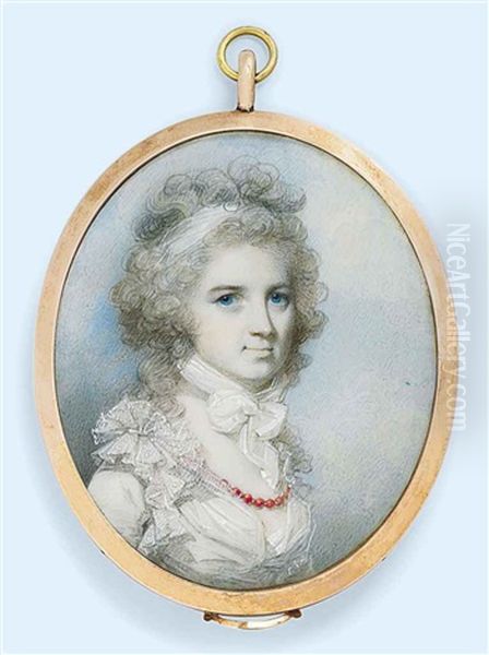 Mrs Thomas Graham (nee Ann Paul), In White Lace-bordered Dress, Wearing A Coral Necklace, White Bandeau In Her Powdered Curling Hair And Tied Below Her Chin Oil Painting by George Engleheart