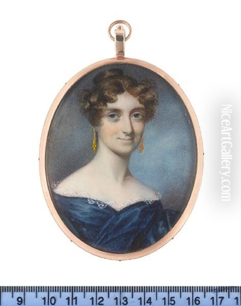 Lady Cavan, Wearing Blue Dress Trimmed With White Lace, Gold Pendent Earrings, Her Brown Hair Curled And Upswept Oil Painting by George Engleheart