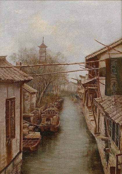 A Japanese Canal Oil Painting by Chu Asai