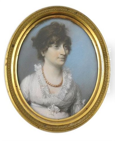 Portrait Of Mrs. Jane Long Half Length, In A White Dress With A Lace Collar And A Gold Necklace Oil Painting by George Engleheart