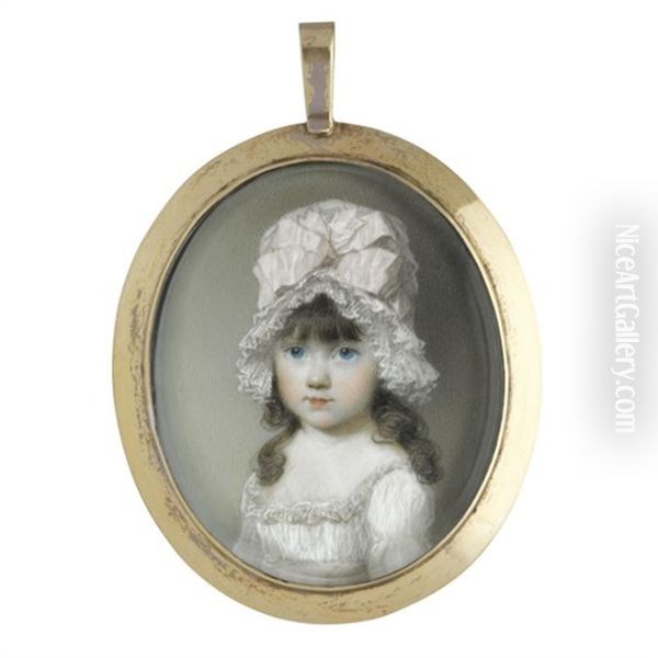 Portrait Of A Young Girl In A White Dress And Pink Bonnet Oil Painting by George Engleheart