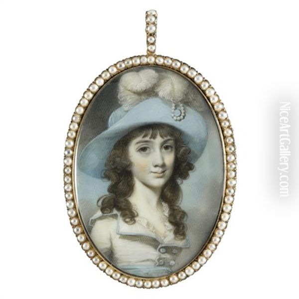 Portrait Of A Lady Wearing A White Dress With Blue Edging, And A Large Blue Hat With Ostrich Plumes Oil Painting by George Engleheart