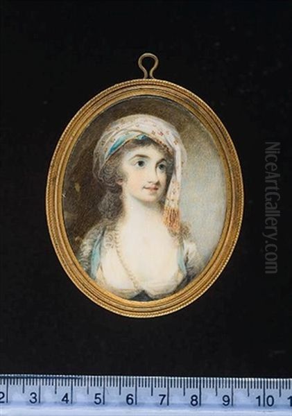 A Lady Wearing White Dress Adorned With Blue Ribbon And White Turban With Gold Decoration And Tassels In Her Powdered Hair Oil Painting by George Engleheart