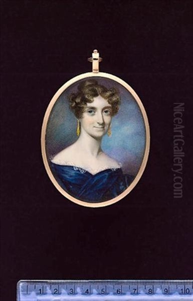 Lady Cavan, Wearing Blue Dress With Lace-trimmed Collar, Drop Gold Earrings, Her Brown Hair Curled Oil Painting by George Engleheart