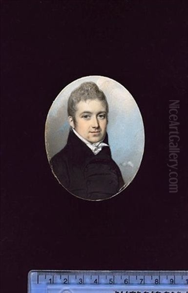 A Young Gentleman, Wearing Double-breasted Black Coat, Frilled Chemise And Tied Stock, His Hair Powdered Oil Painting by George Engleheart