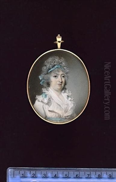 Mrs David Garrick, Nee Mlle Eva Maria Violetti Veigel, Wearing White Dress With Large Frilled Collar, Trimmed With Blue Ribbon, Matching Waistband And Ribbon In Her Powdered Hair Oil Painting by George Engleheart