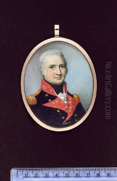 A Field Rank Officer Of The Royal Artillery Wearing Blue Coatee With Scarlet Facings, Gold Lace And Gold Epaulettes Oil Painting by George Engleheart