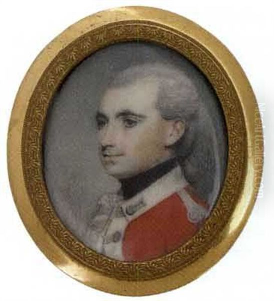 A Young Officer, In Scarlet Coat With White Facings, Silver Wing, His Powdered Hair En Queue Oil Painting by George Engleheart