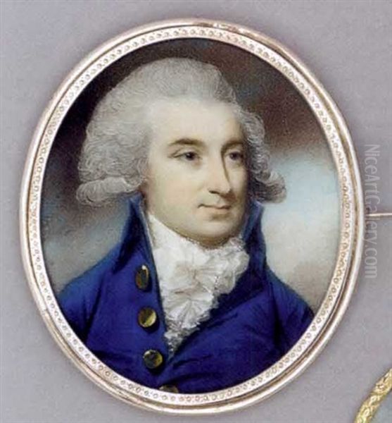 John Reid, In Blue Coat With Large Gold Buttons And Frilled White Cravat, Powdered Hair Oil Painting by George Engleheart