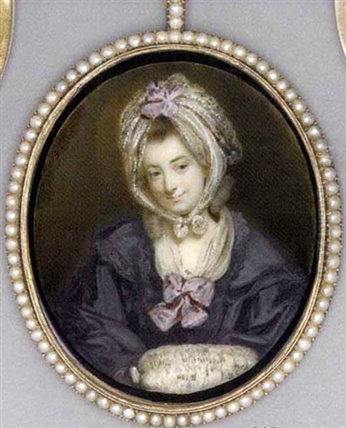 Catharina Schindlerin With Her Hands In A Fur Muff, In Black-lace Bordered Cloak, White Fichu Tied With Large Pink Bow At Corsage, White Lace Cap With Pink Bow Tied Under Her Chin Oil Painting by George Engleheart