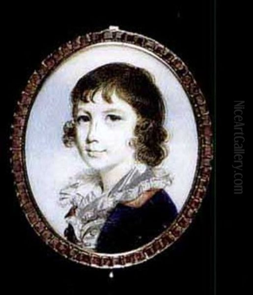 A Young Boy Wearing Blue Coat With Red Collar, White Shirt With Frilled Collar, His Brown Hair Worn Long Oil Painting by George Engleheart