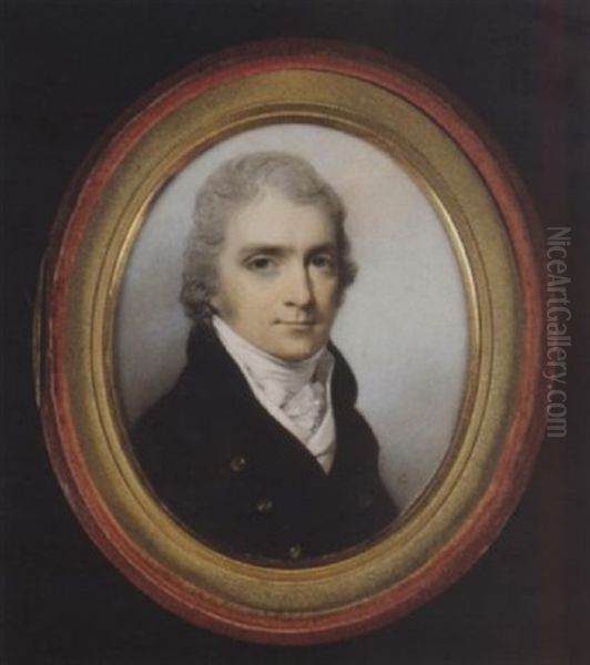 A Gentleman Wearing Dark Brown Coat With Black Collar, White Waistcoat, Stock And Frilled Cravat Oil Painting by George Engleheart