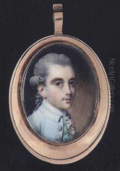 A Gentleman Wearing Pale Blue Coat, Pale Green Waistcoat, White Stock And Frilled Cravat, His Hair Powdered And Worn En Queue Oil Painting by George Engleheart