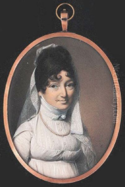 A Lady Wearing White Dress With Buttoned Embroidered Fill-in, Tied White Stock And Pearl Necklace, Her Dark Hair Upswept, Curled And Dressed With White Veil Oil Painting by George Engleheart