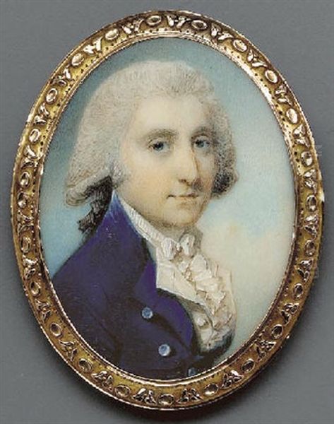 A Young Gentleman In Blue Coat With Silver Buttons, White Waistcoat And Frilled Cravat, Powdered Wig En Queue Oil Painting by George Engleheart