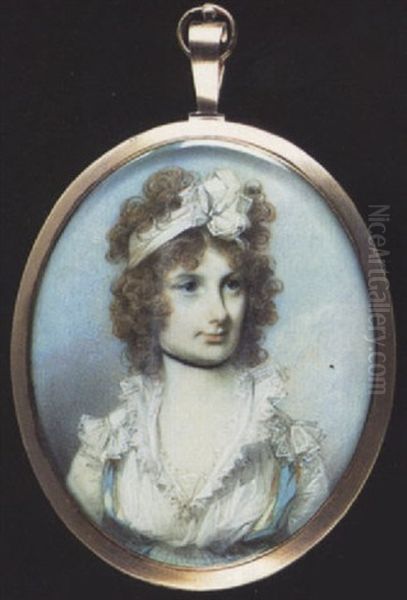 Elizabeth Shergold Wearing White Bandeau In Her Curled Hair, Decollete White Dress With Frilled Collar And Ribbon, A Black Ribbon Choker On Her Neck Oil Painting by George Engleheart