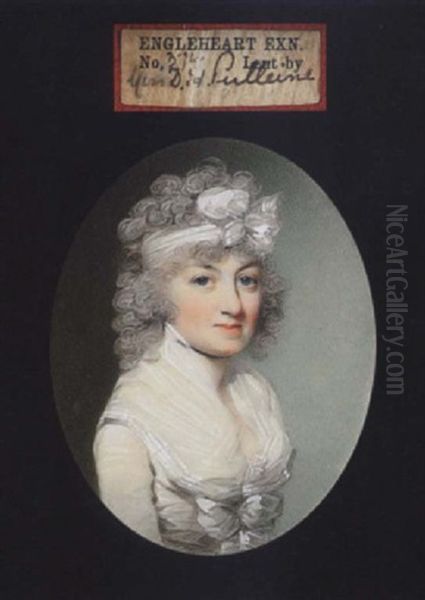 Portrait Of Miss D.h. Pulleine Wearing White Bandeau In Her Hair, Decollete White Dress With Ruched Bodice, Gauze Sleeve And Fichu Oil Painting by George Engleheart