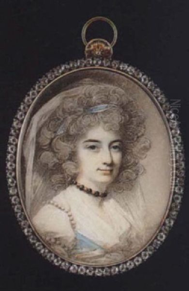 Portrait Of Mrs. Mills, The Actress, Wearing White Veil And Striped Blue And White Ribbon In Her Full Powdered Hair, White Dress... Oil Painting by George Engleheart