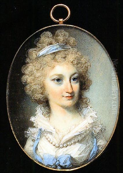 Portrait Of Anne Papillon In White Dress Trimmed With Blue Ribbon, Frilled Collar, And A String Of Pearls At Her Neck Oil Painting by George Engleheart