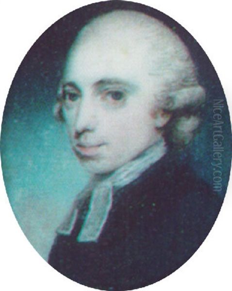 A Vicar Wearing A Powdered Bag Wig, Black Robes And White Bands Oil Painting by George Engleheart