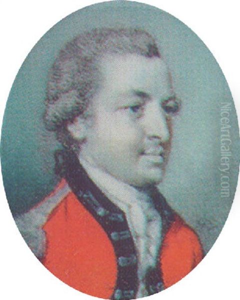 An Officer With Powdered Hair En Queue Wearing A Red Coat With Blue Facings, Silver Frogging And A White Cravat Oil Painting by George Engleheart