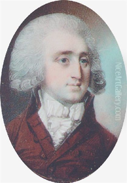 A Fine Portrait Of A Gentleman, With Powdered Hair, Wearing A Brown Coat, A White Waistcoat And A Frilled Cravat Oil Painting by George Engleheart