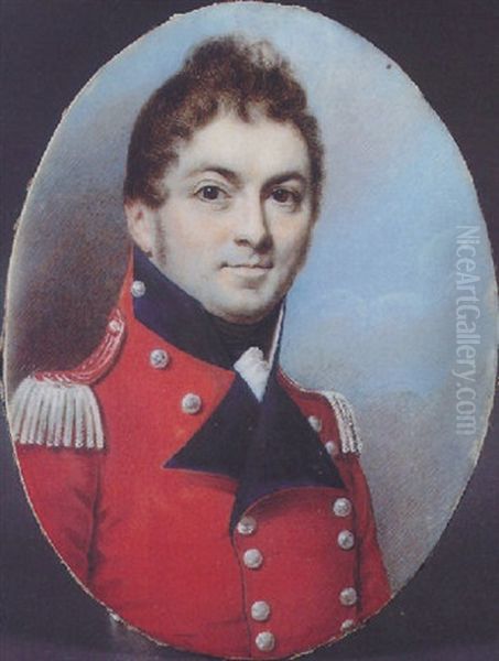 Colonel Otto William Offeney, With Short Brown Hair, Wearing A Red Uniform With Blue Facings And White Lace, Sky Background Oil Painting by George Engleheart