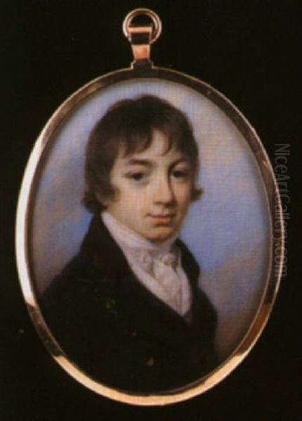 A Young Boy Wearing Blue Coat With Black Collar And Gold Coloured Buttons Oil Painting by George Engleheart