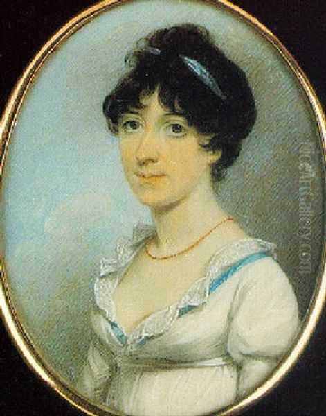 Mrs. Louisa Turner Wearing Decollete White Dress Trimmed With Blue Ribbon Oil Painting by George Engleheart