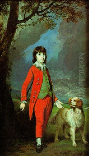 A Portrait Of Sir Lumley St. George Skeffington Bart. The Dramatist, As A Child, Wearing Scarlet Suit, By A Tree, With A Dog Oil Painting by George Engleheart