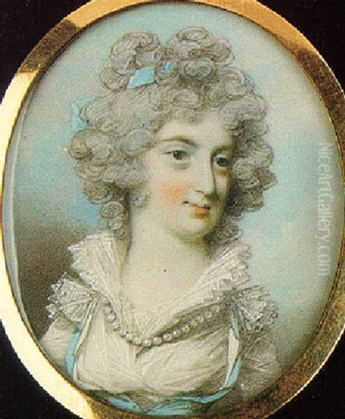 A Lady Wearing White Dress With Turquoise Bodice And Matching Ribbon In Her Powdered Hair Oil Painting by George Engleheart