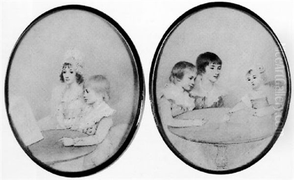 Two Children Of The Loftus Family, Seated At A Table Studying A Drawing Oil Painting by George Engleheart