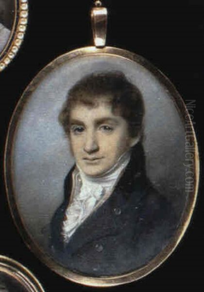 A Gentleman With Short Curling Brown Hair, Wearing A Blue   Coat, Buff Waistcoat And A White Cravat And Jabot Oil Painting by George Engleheart