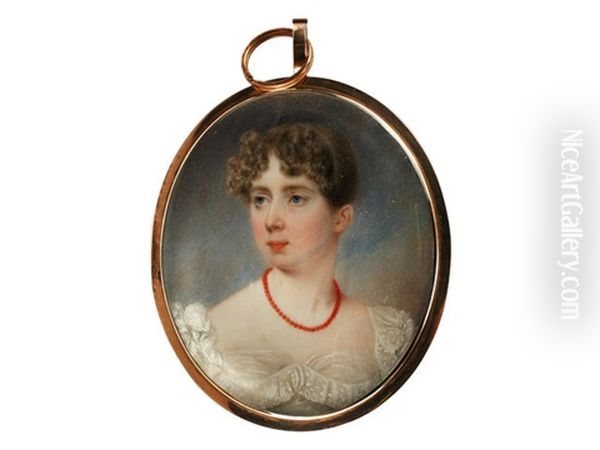 A Portrait Miniature Of A Lady, Wearing White Dress With Frilled Lace Trim To Her Bust And Sleeves And Coral Beaded Necklace, Her Blonde Hair Curled And Upswept Oil Painting by John Cox Dillman Engleheart