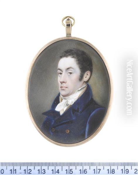 A Gentleman, Wearing Blue Double-breasted Coat, Buff Waistcoat, White Chemise, Stock And Knotted Cravat, His Dark Hair Worn Short Oil Painting by John Cox Dillman Engleheart