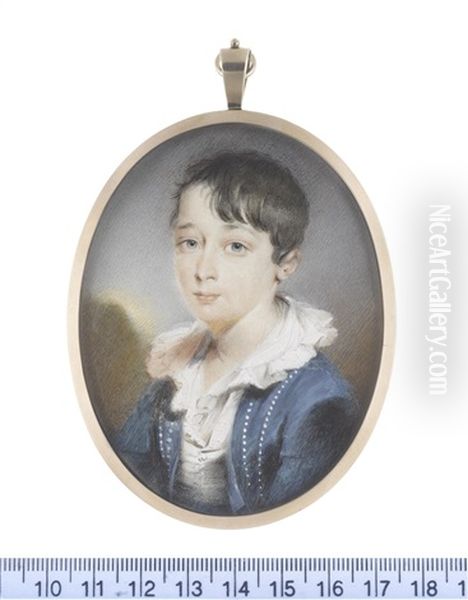 A Young Boy, Named John Fairlie, Wearing Blue Coat, White Waistcoat, A Broad Frilled Collar To His Chemise Oil Painting by John Cox Dillman Engleheart