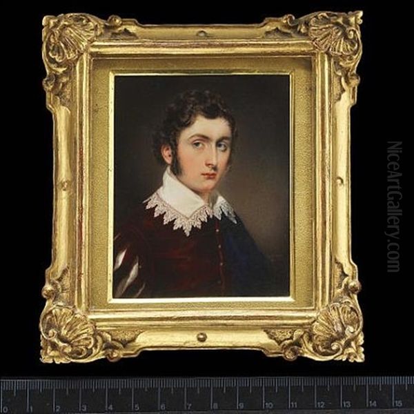 A Young Gentleman, Wearing Dark Burgundy Doublet With Sleeve Slashed To Reveal White And Lace Edged Van Dyck Collar Oil Painting by John Cox Dillman Engleheart