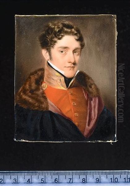 A Officer Wearing Scarlet Coatee, With Gold Collar Laced Overall And Buttons With Gr Motif, Blue Fur-collared Cloak With Purple Lining Oil Painting by John Cox Dillman Engleheart