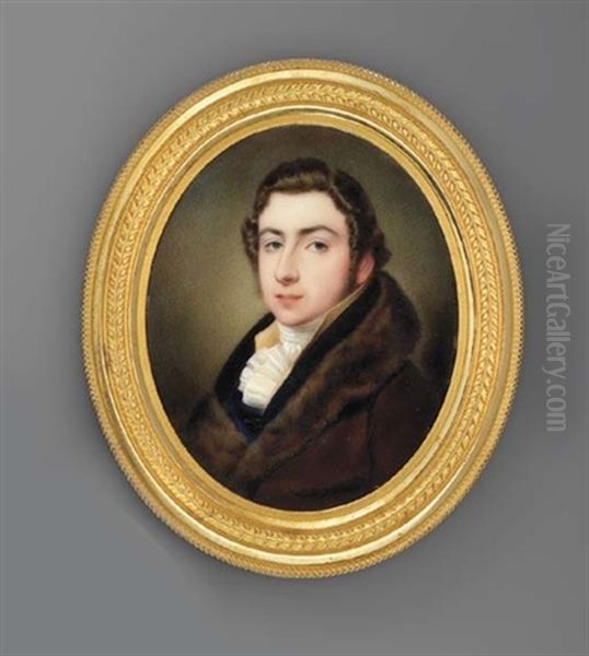 A Young Gentleman, In Fur-bordered Brown Coat, Dark Blue Coat With Black Collar Oil Painting by John Cox Dillman Engleheart