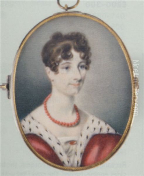 A Noblewoman In A Low-cut Dress And Ermine-bordered Red Cloak Over Her Shoulders, Wearing A Red Beaded Necklace, Dark Hair Upswept Oil Painting by John Cox Dillman Engleheart