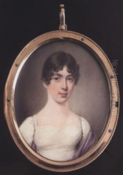 A Young Lady Wearing White Dress, A Mauve Shawl Over Her Shoulders, Her Dark Brown Hair Worn Curled And Short Oil Painting by John Cox Dillman Engleheart