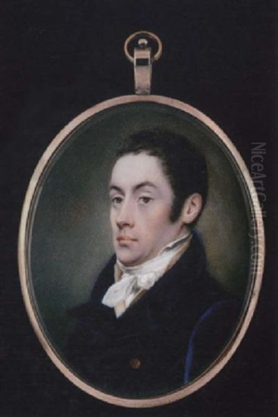 A Gentleman With Short Dark Hair, Wearing Double-breasted Blue Coat With Gold Buttons, Cream Waistcoat And Tied White Stock Oil Painting by John Cox Dillman Engleheart