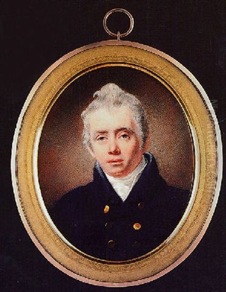 A Fine Portrait Of A Young Gentleman, Wearing Blue Coat With Gold Buttons, White Waistcoat And Stock Oil Painting by John Cox Dillman Engleheart