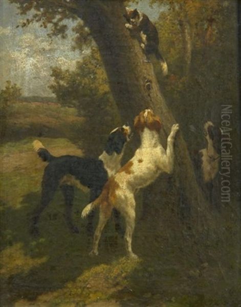 Auf Der Flucht. Katze Bringt Sich Vor Drei Hunden Auf Einem Baum In Sicherheit Oil Painting by  Engler