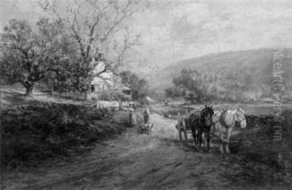 Country Landscape With Figures Conversing Beside A Horse Drawn Cart Oil Painting by Frank F. English